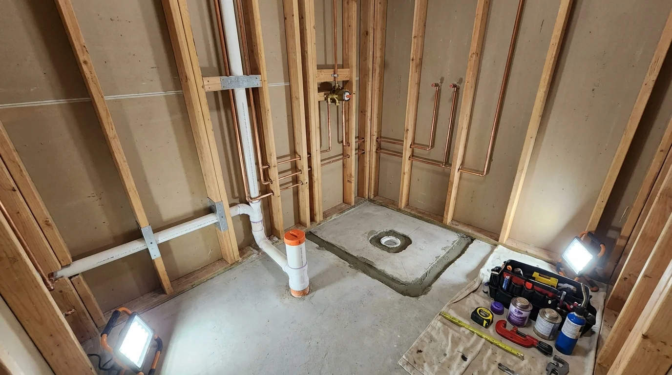 Bathroom rough-in plumbing during remodel by Johns Plumbing LLC in Corunna