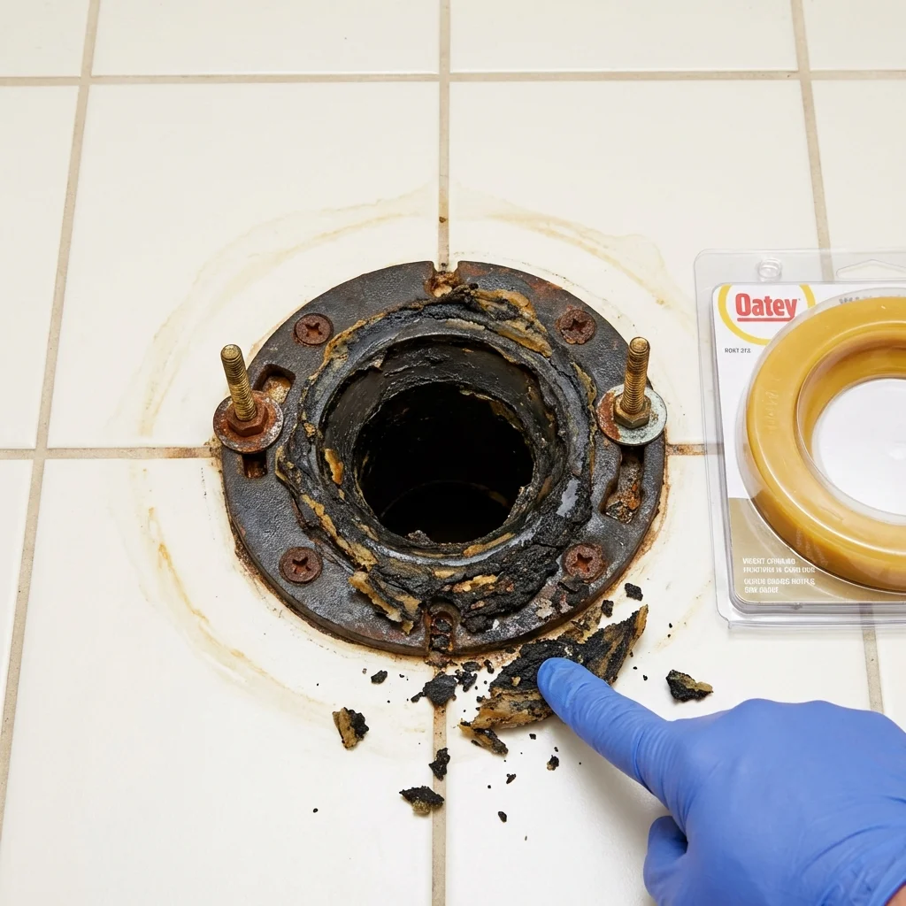 Failed wax ring showing water seepage at the base of a toilet in a Corunna, MI home
