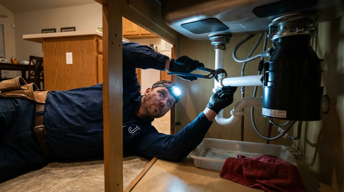 P-trap and supply line connections under a kitchen sink showing a common leak point in Corunna, MI